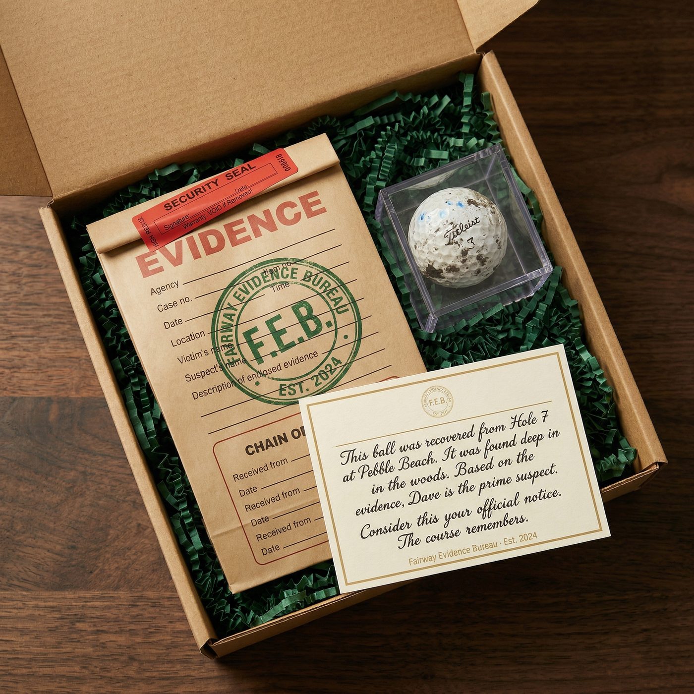 The Exhibit gift box with evidence bag golf ball cube and note card